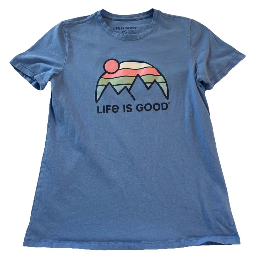 Life Is Good Blue Graphic Short Sleeve Shirt Women’s Size XS Logo Mountains
